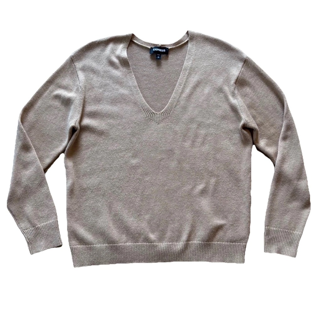 Express Women's Tan Beige V-Neck Long Sleeve Knit Pullover Sweater Size Medium